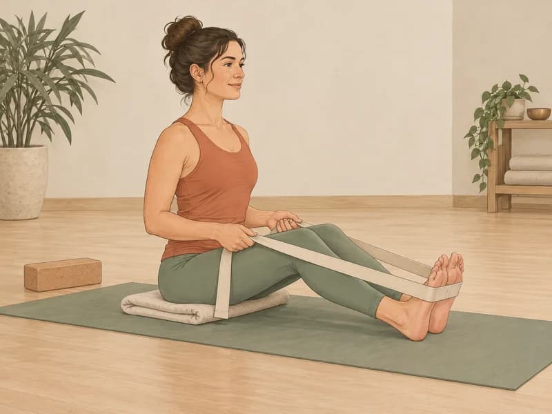 Utilisation d'une couverture et d'une sangle en yoga : posture assise, genoux fléchis et buste droit