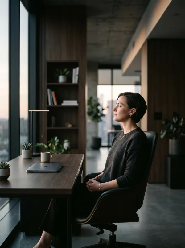 Femme dans un bureau pratiquant la respiration pranayama moderne